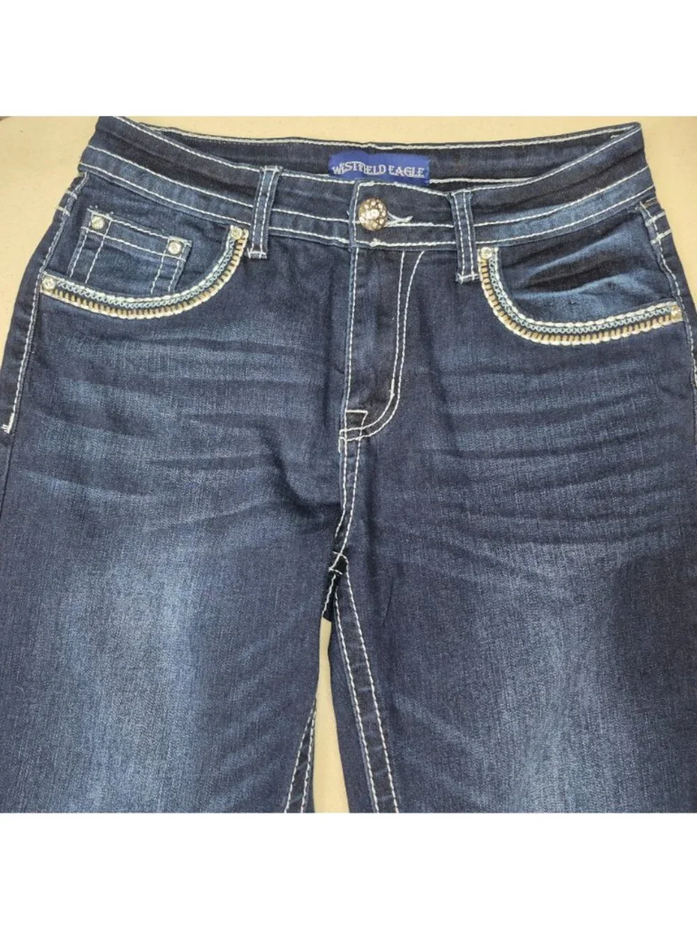 Westfield Eagle Womens Blue Jeans Embellished Straight Boho Dark Wash Sz 9 29/32